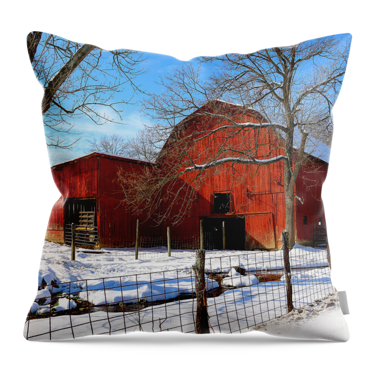 Barn Throw Pillow featuring the photograph Vintage Red Barn in Snow by Shelia Hunt