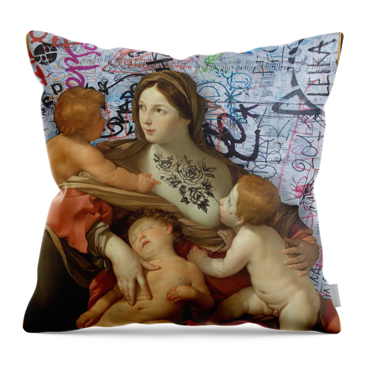 Art Throw Pillow featuring the painting Vintage standing Mary Virgin Graffiti by Tony Rubino