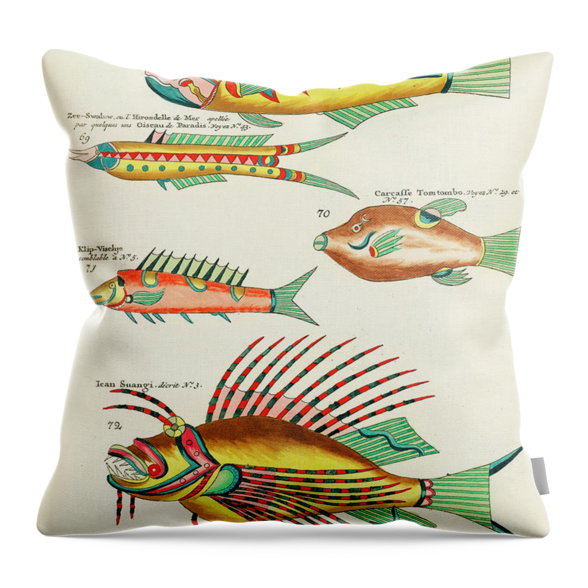 Fish Throw Pillow featuring the digital art Vintage, Whimsical Fish and Marine Life Illustration by Louis Renard - Ican Suangi, Pots Kop by Louis Renard