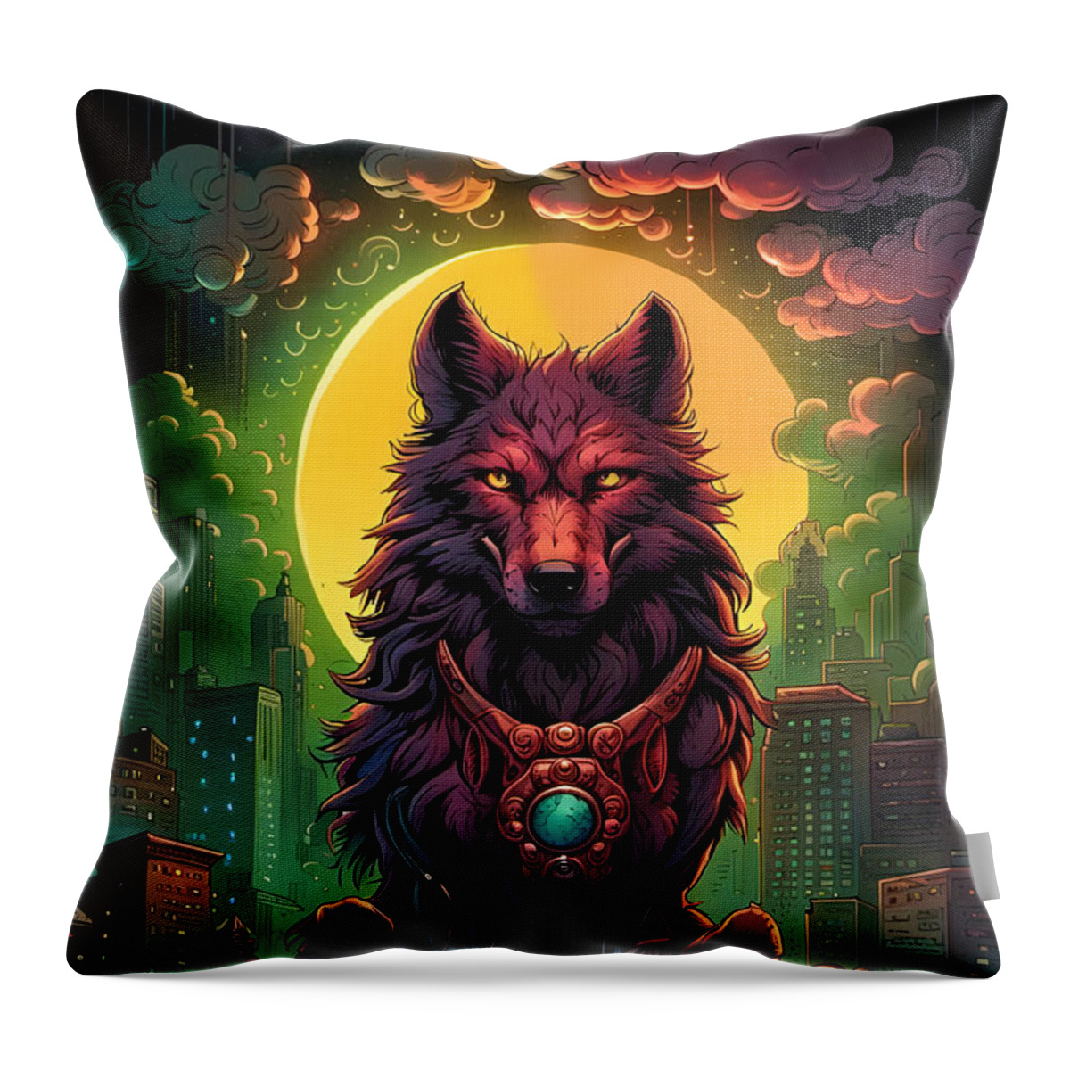 Voodoo Throw Pillow featuring the digital art Voodoo Wolf Under The Full Moon Of The City by Jason Denis