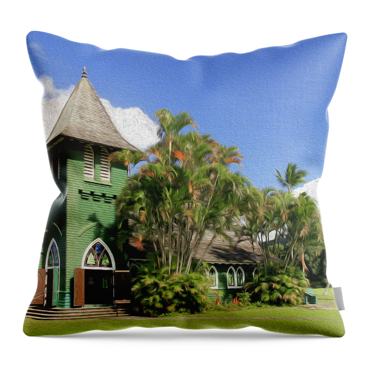 Hawaii Throw Pillow featuring the photograph Waioli Hula Church Painting by Robert Carter