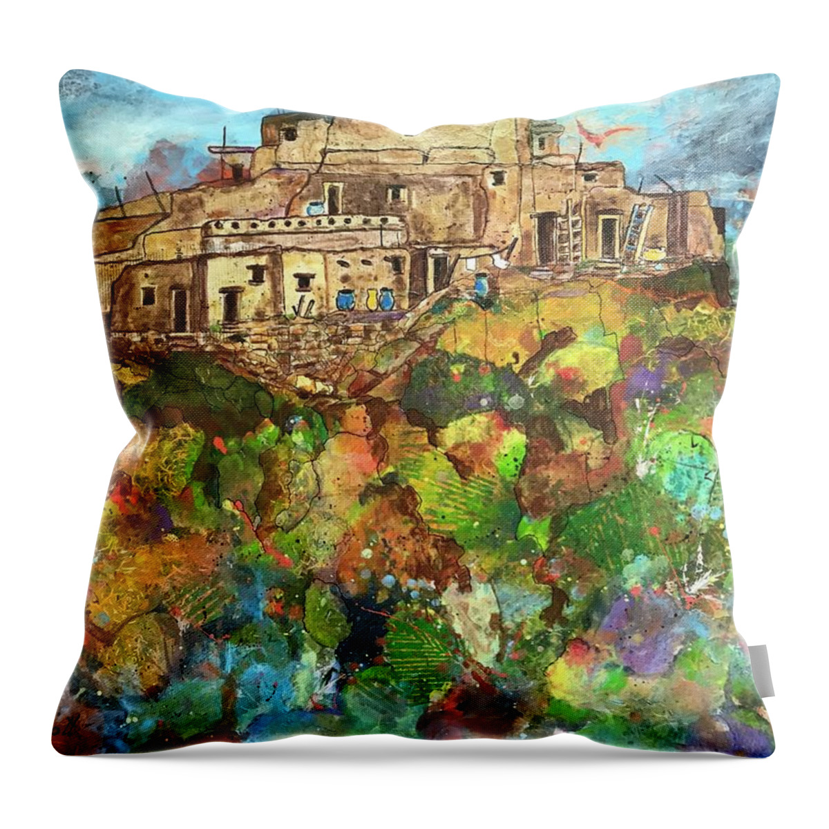 Southwest Landscape Throw Pillow featuring the painting Walpi Village II by Elaine Elliott