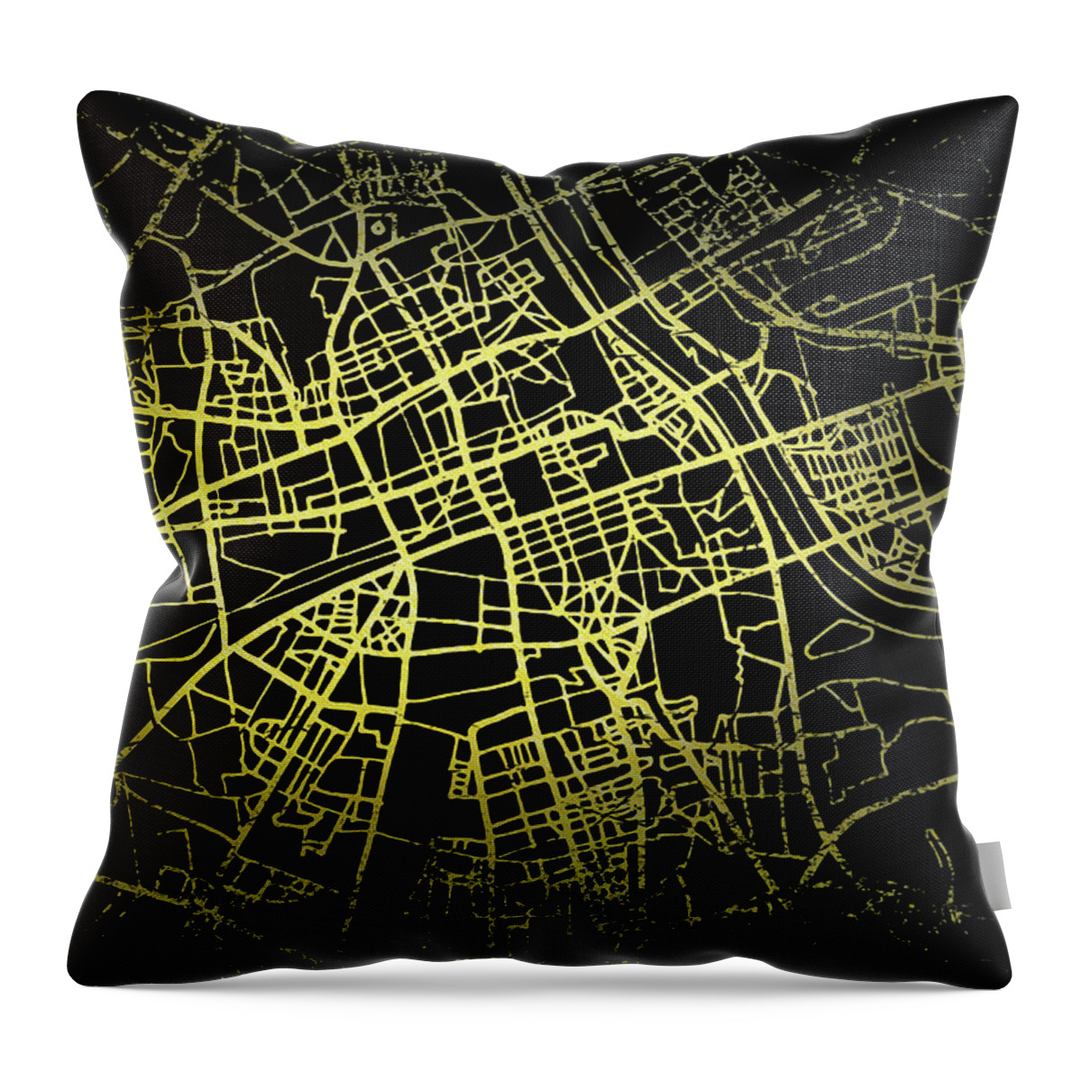 Map Throw Pillow featuring the digital art Warsaw Map in Gold and Black by Sambel Pedes