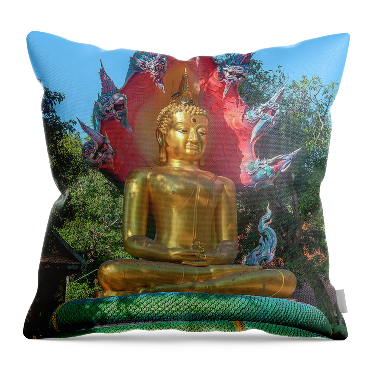 Scenic Throw Pillow featuring the photograph Wat Burapa Buddha Image on Naga Throne DTHU1397 by Gerry Gantt