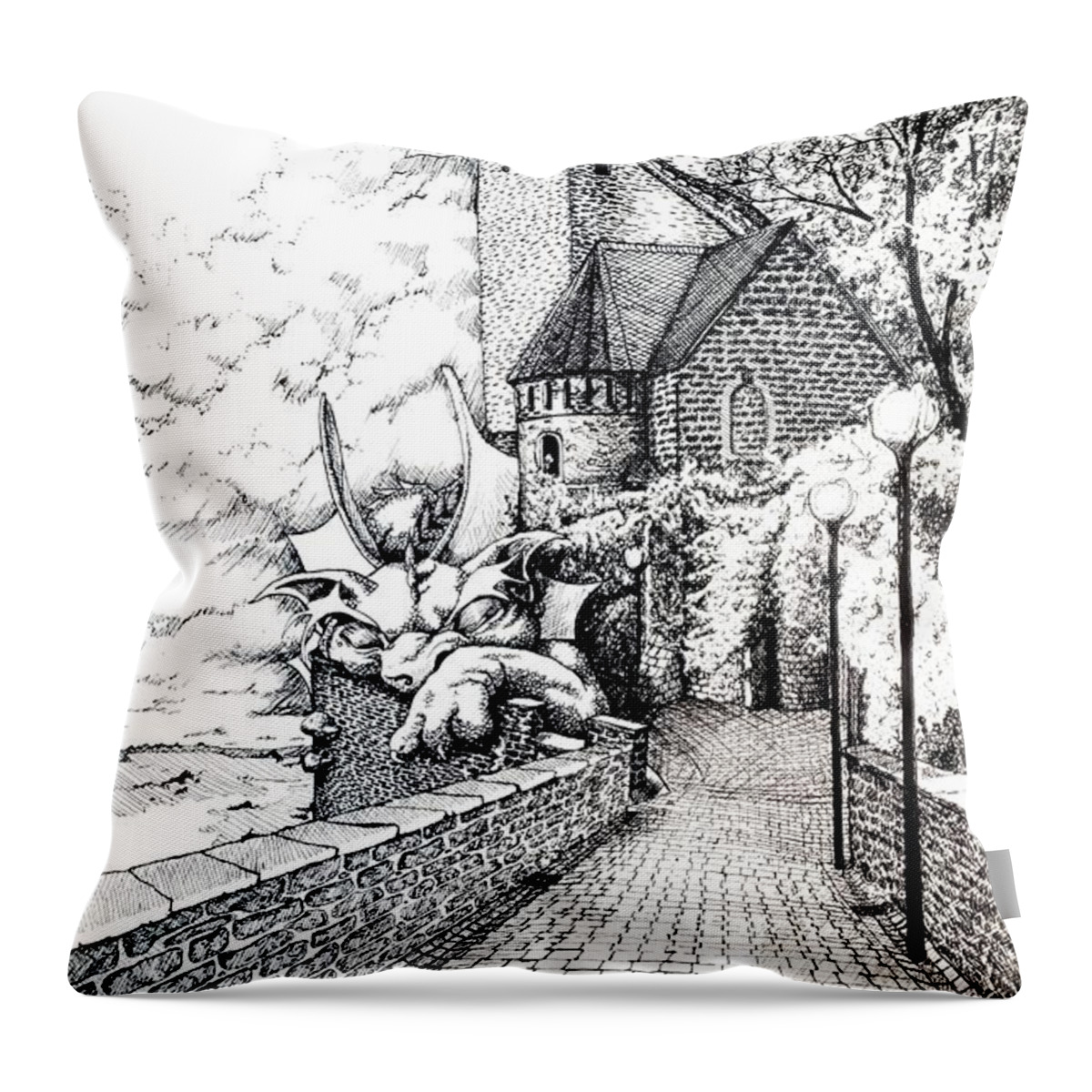 Medieval Throw Pillow featuring the drawing Watch Dragon by Merana Cadorette