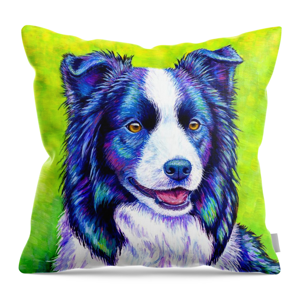 Border Collie Throw Pillow featuring the painting Watchful Eye - Colorful Border Collie Dog by Rebecca Wang