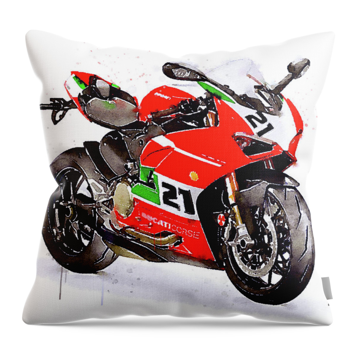Sport Throw Pillow featuring the painting Watercolor Ducati Panigale V2 Bayliss motorcycle, oryginal artwork by Vart. by Vart Studio