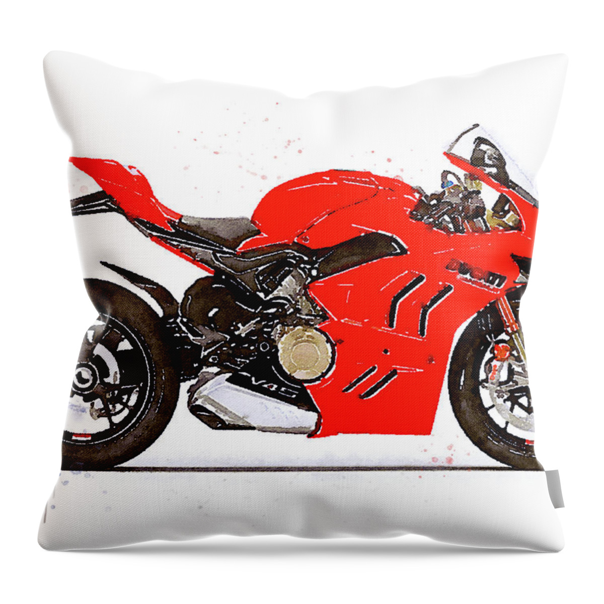 Sport Throw Pillow featuring the painting Watercolor Ducati Panigale V4S 2022 motorcycle - oryginal artwork by Vart. by Vart Studio
