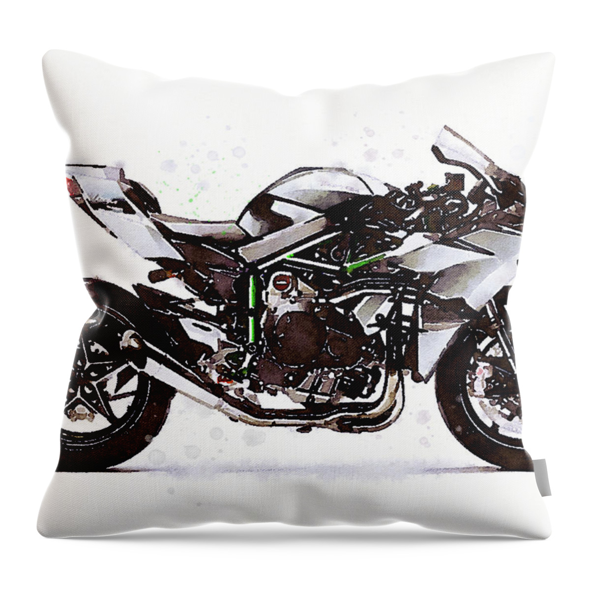 Sport Throw Pillow featuring the painting Watercolor Kawasaki Ninja H2R motorcycle - orygin by Vart Studio