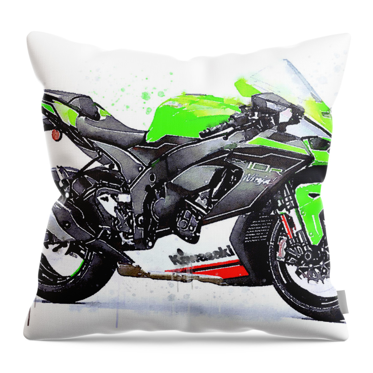 Sport Throw Pillow featuring the painting Watercolor Kawasaki Ninja ZX10R motorcycle - oryginal artwork by Va by Vart Studio