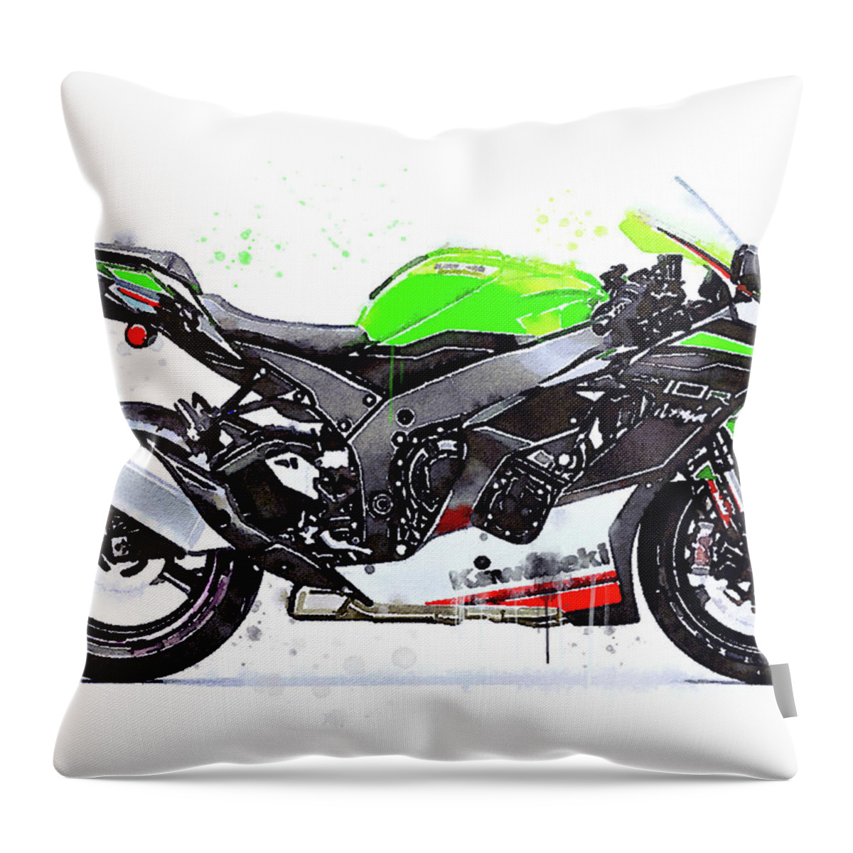 Sport Throw Pillow featuring the painting Watercolor Kawasaki Ninja ZX10R motorcycle - oryginal artwork by Vart. by Vart Studio