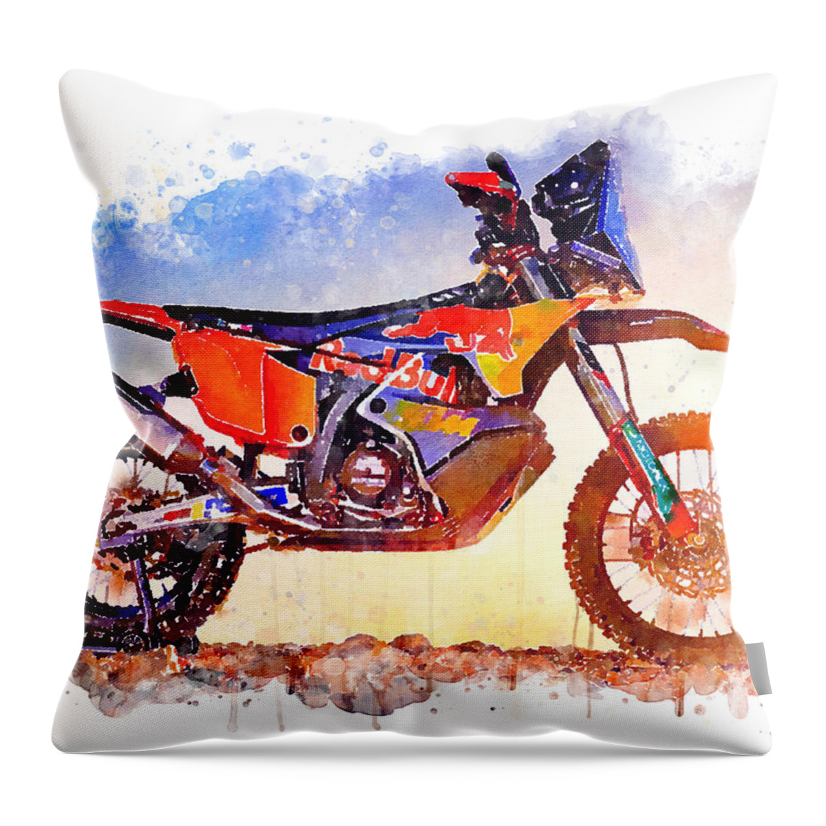 Adventure Throw Pillow featuring the painting Watercolor KTM 450 Rally Dakar motorcycle - oryginal artwork by Vart. by Vart Studio