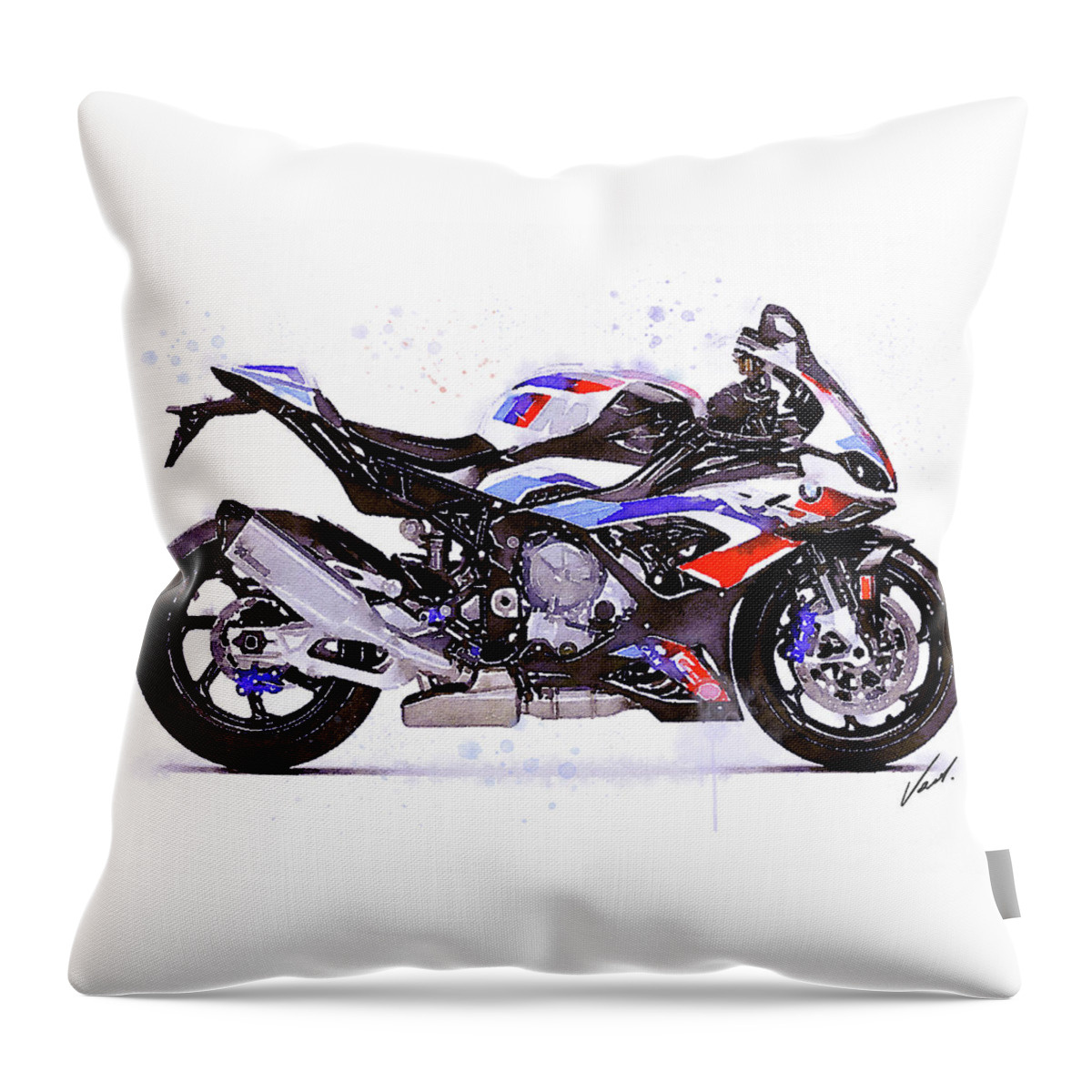 Sport Throw Pillow featuring the painting Watercolor Sport Motorcycle BMW S1000RR - original artwork by Vart. by Vart Studio