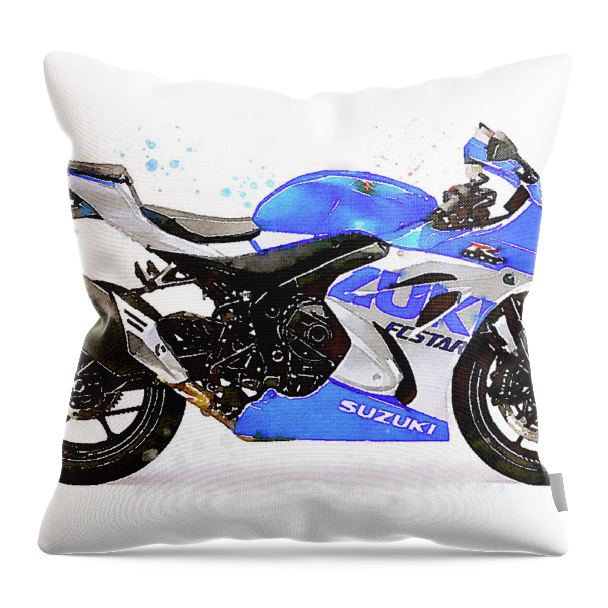 Sport Throw Pillow featuring the painting Watercolor Suzuki GSX-R 1000 motorcycle - oryginal artwork by Vart. by Vart Studio
