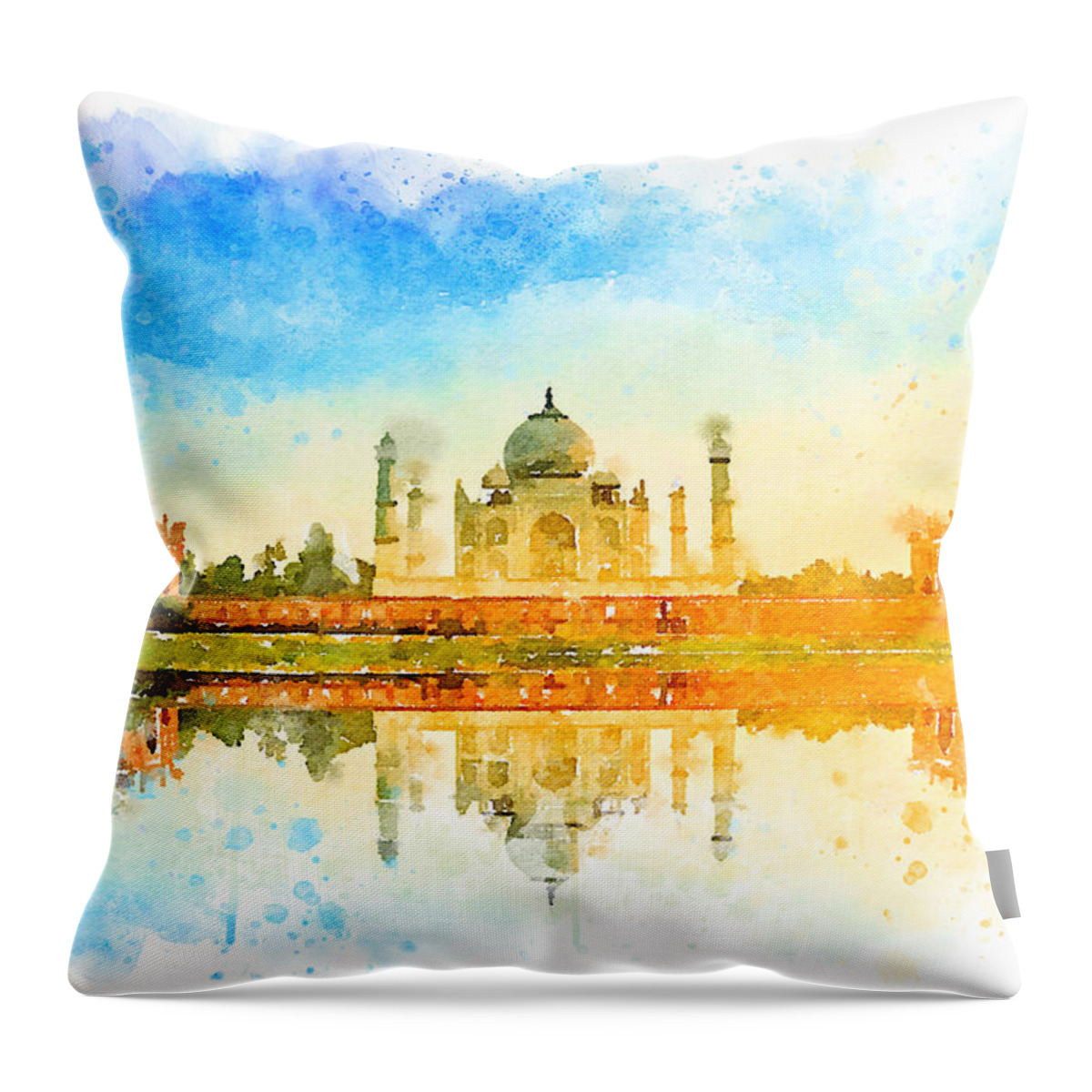 Watercolor Throw Pillow featuring the painting Watercolor Tajmahal, India by Vart by Vart Studio