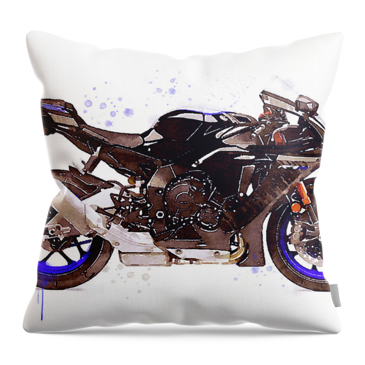 Sport Throw Pillow featuring the painting Watercolor Yamaha R1M motorcycle - oryginal artwork by Vart. by Vart Studio