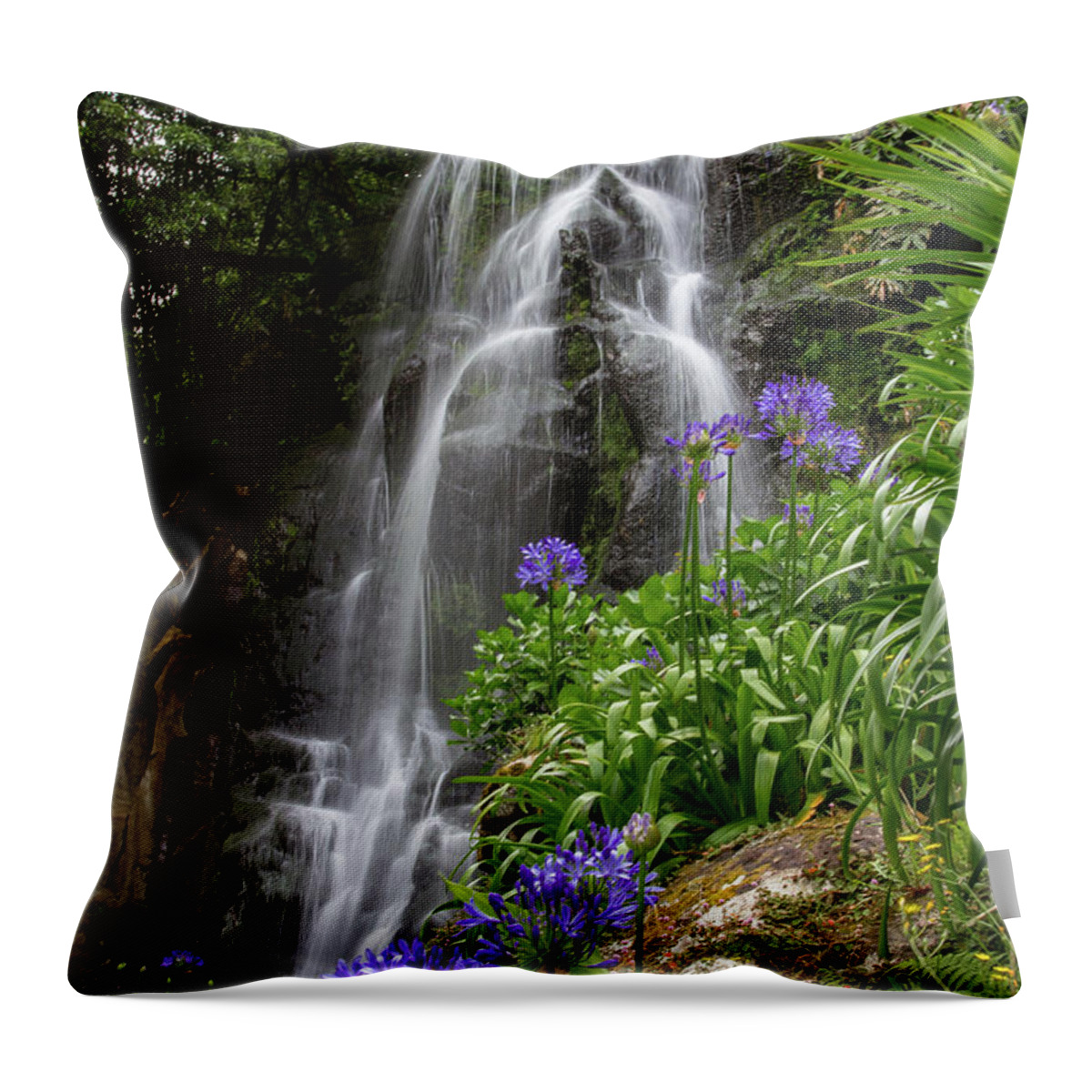 Nordeste Throw Pillow featuring the photograph Waterfall with Flowers by Denise Kopko