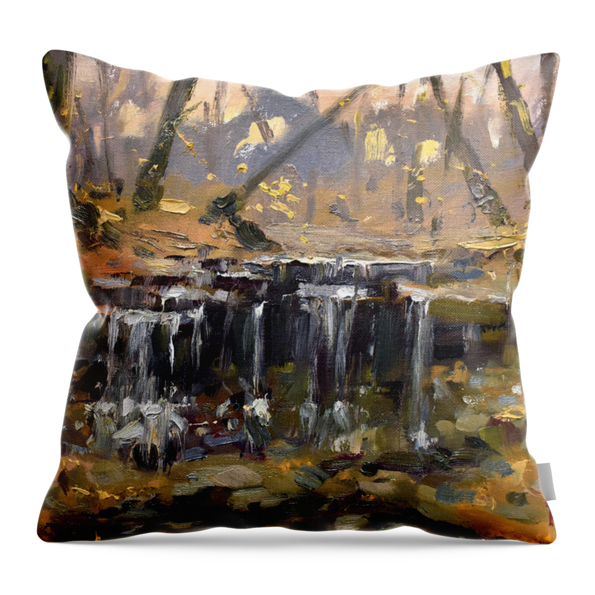 Waterfalls Throw Pillow featuring the painting Waterfalls at Lockport Nature Trail by Ylli Haruni