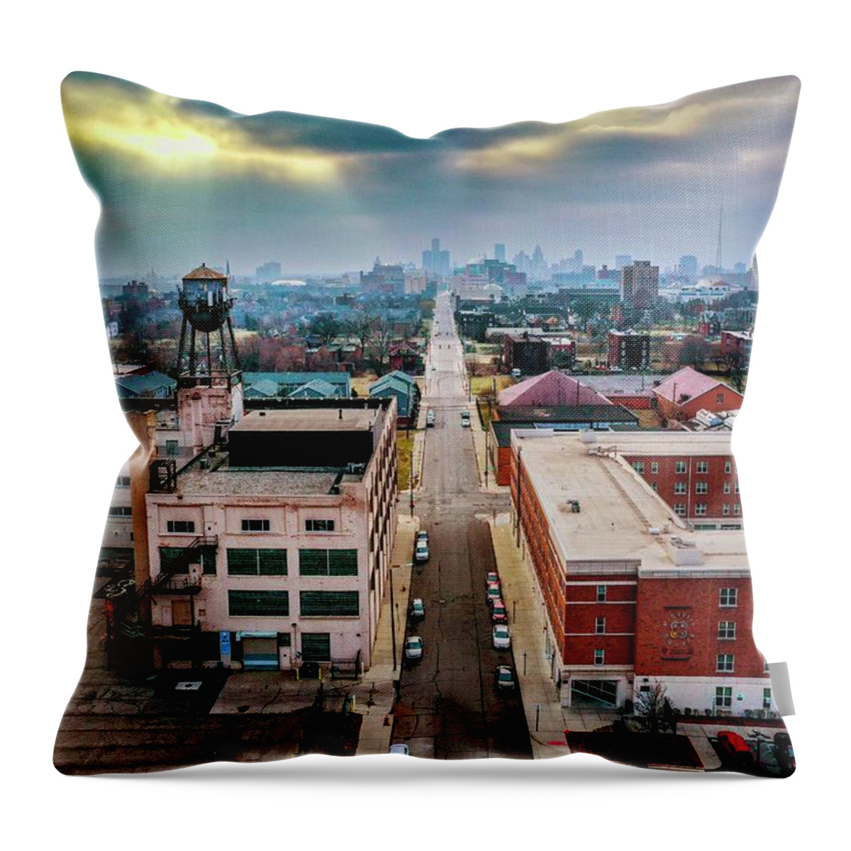 Detroit Throw Pillow featuring the photograph Watertower Skyline DJI_0690 by Michael Thomas