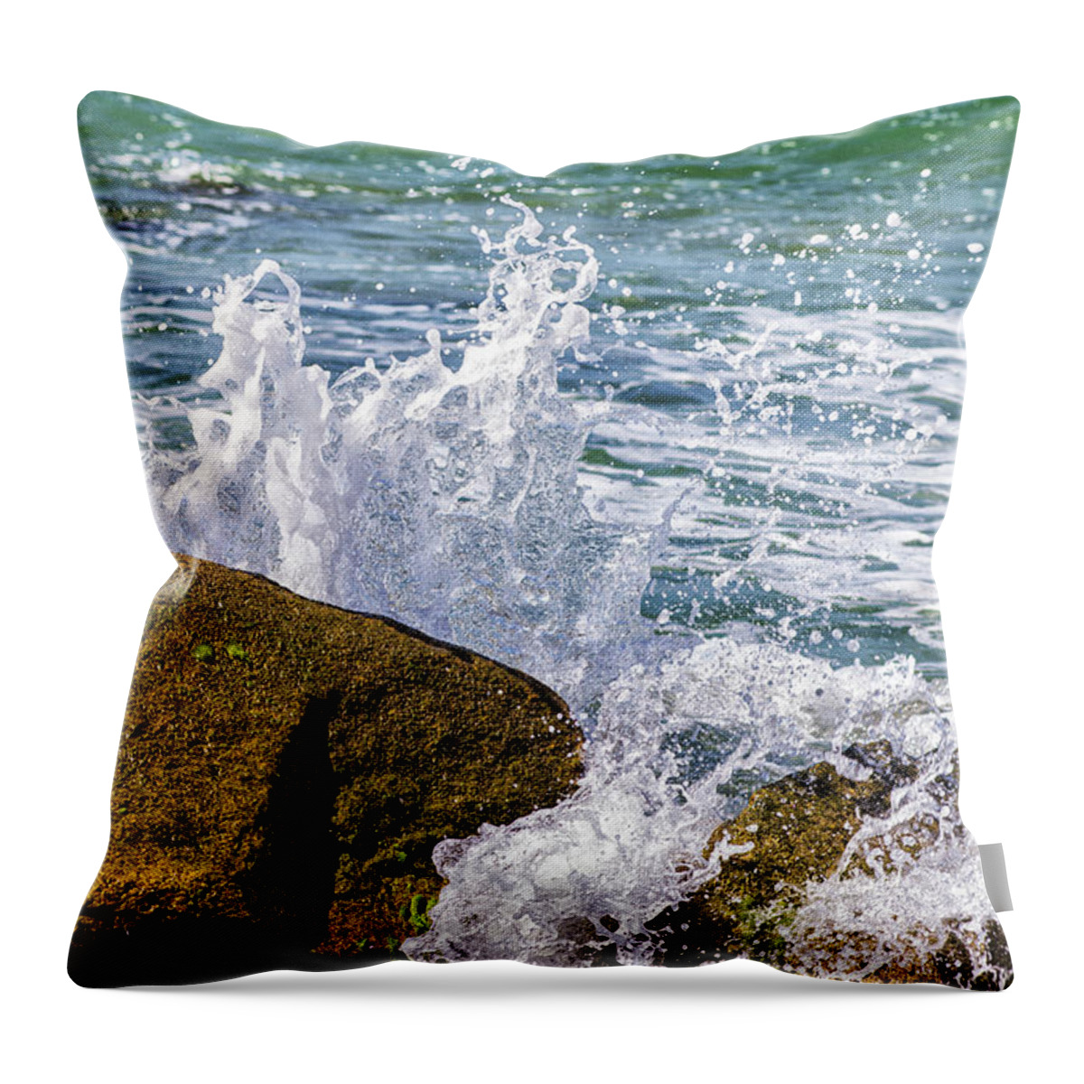 Wave Throw Pillow featuring the photograph Wave Break Against Rocks on Atlantic Beach by Bob Decker