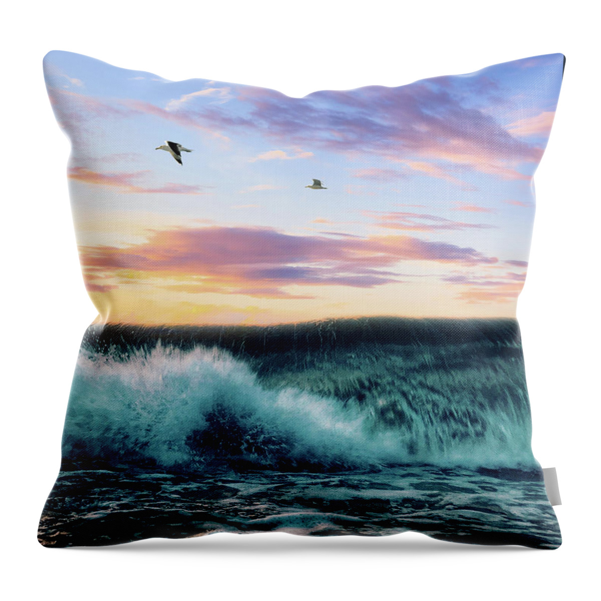 Seagulls Throw Pillow featuring the digital art Waves Crashing At Sunset by Phil Perkins