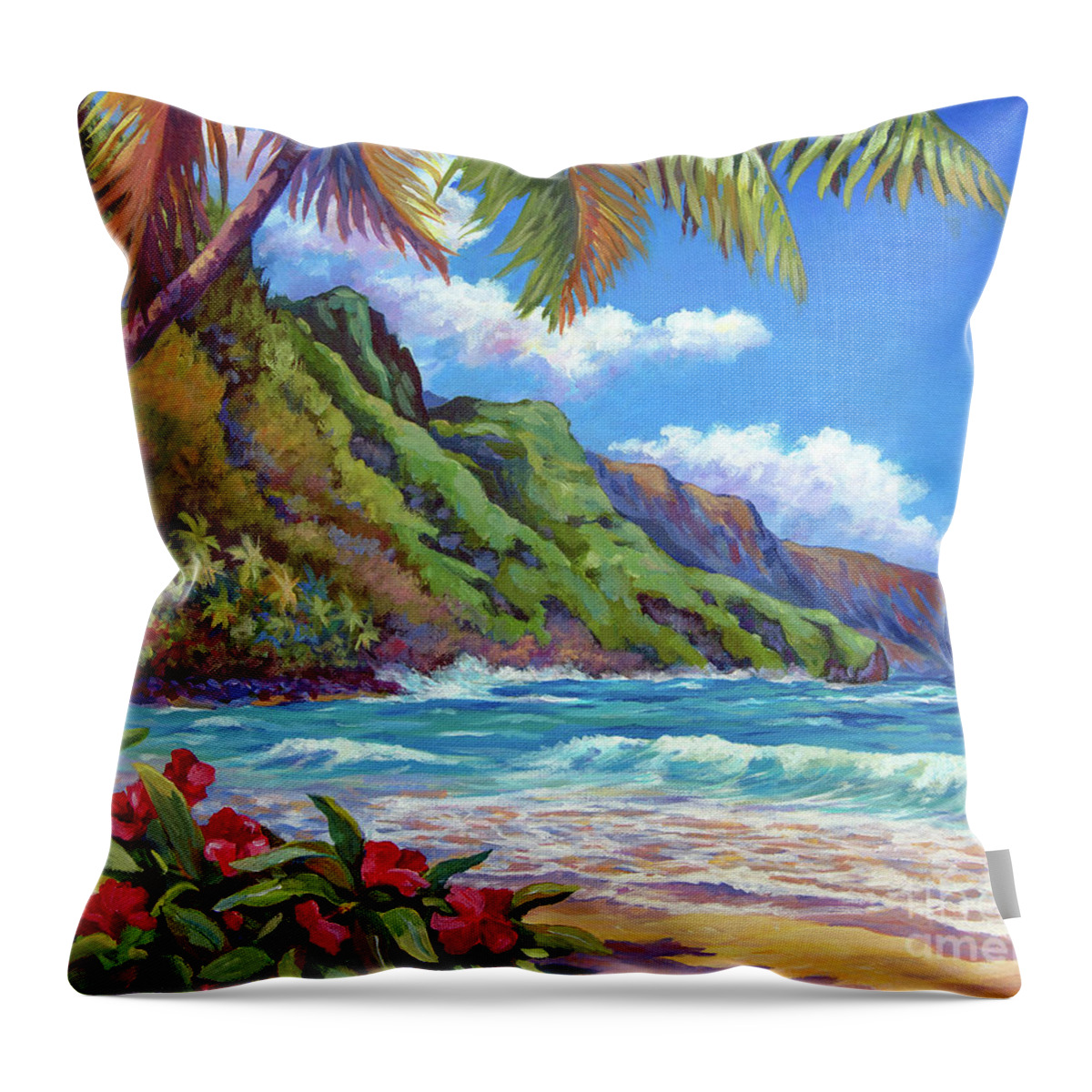 Kauai Throw Pillow featuring the painting Waves on Na Pali Shore by John Clark
