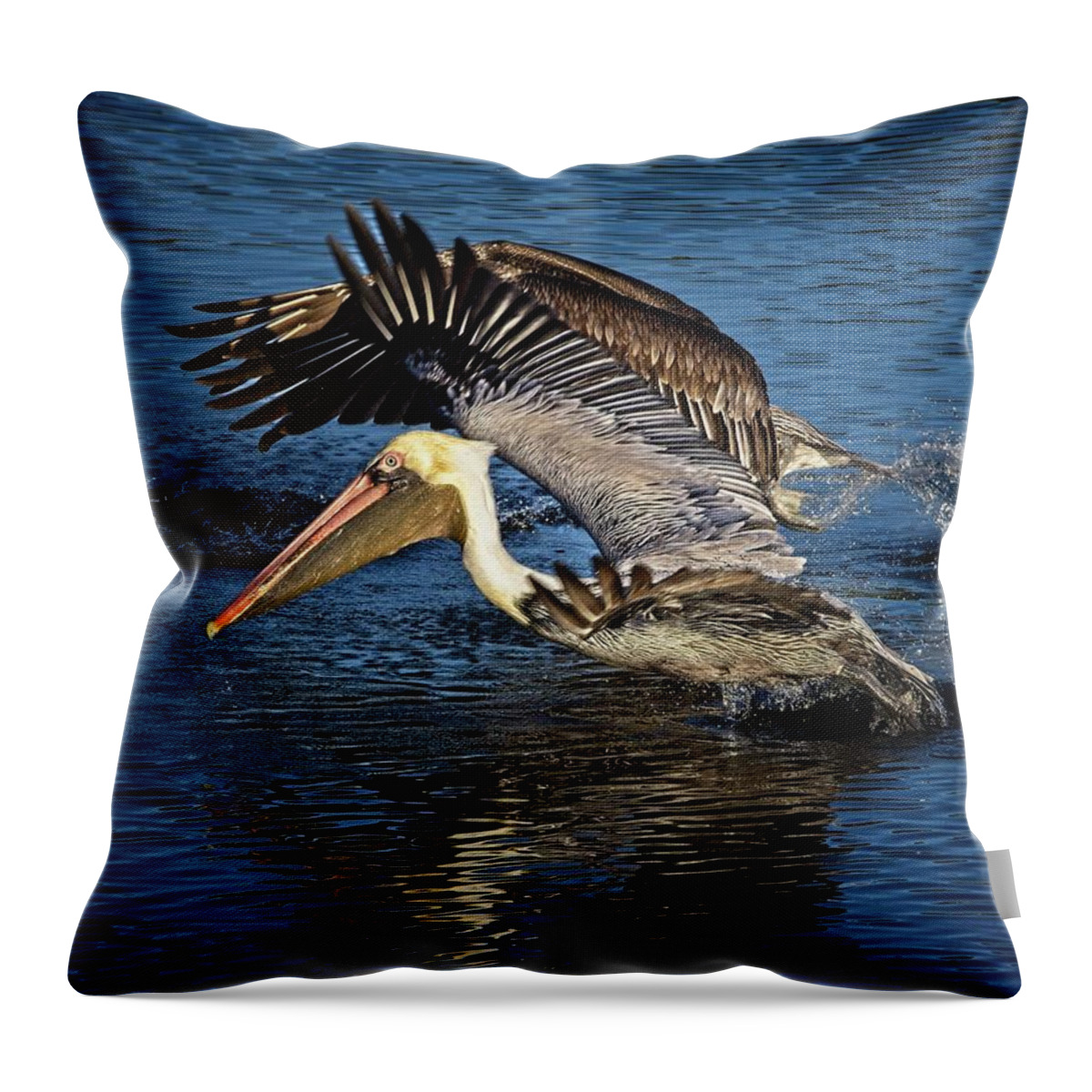 Brown Pelican Throw Pillow featuring the photograph We Have Liftoff by Ronald Lutz