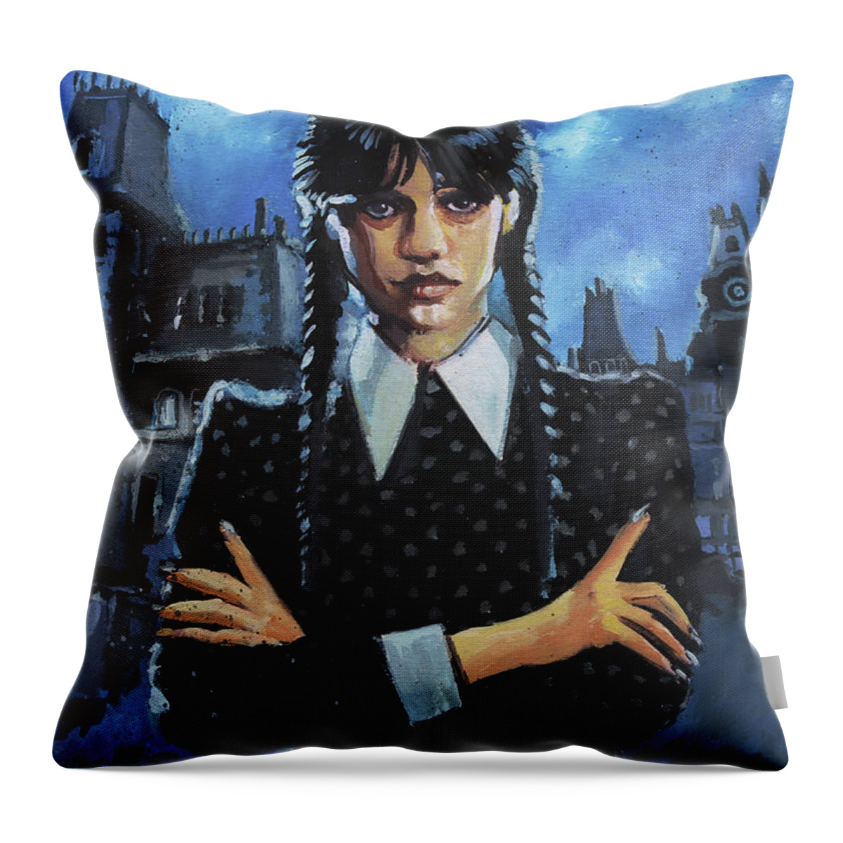 Addams Family Throw Pillow featuring the painting Wednesday Addams by Sv Bell