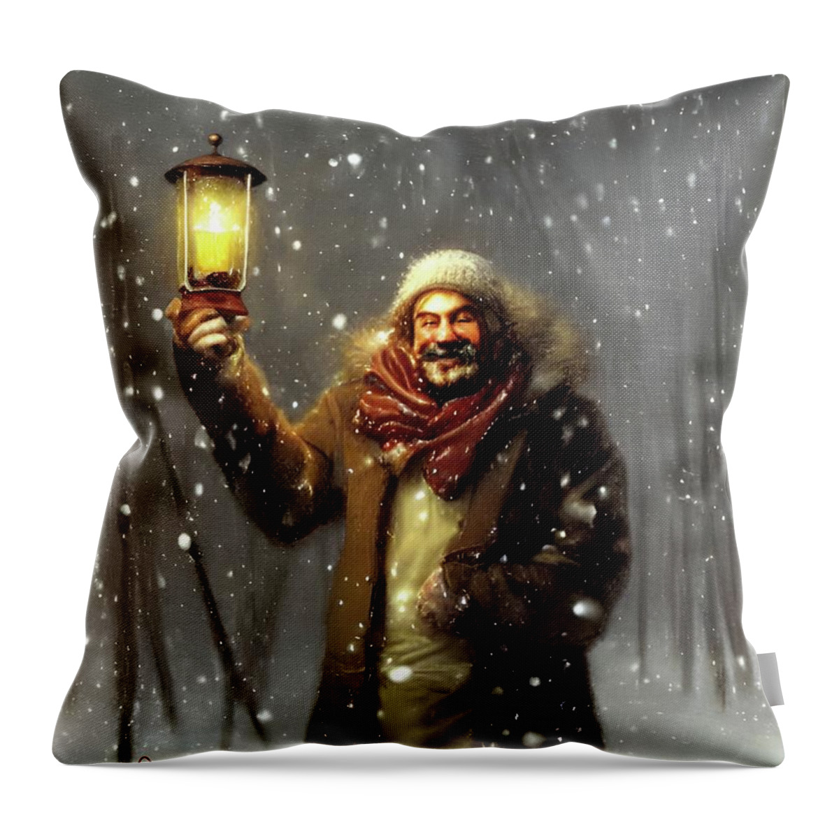 Snowstorm Throw Pillow featuring the digital art Welcoming Fellow in the Snow by Annalisa Rivera-Franz