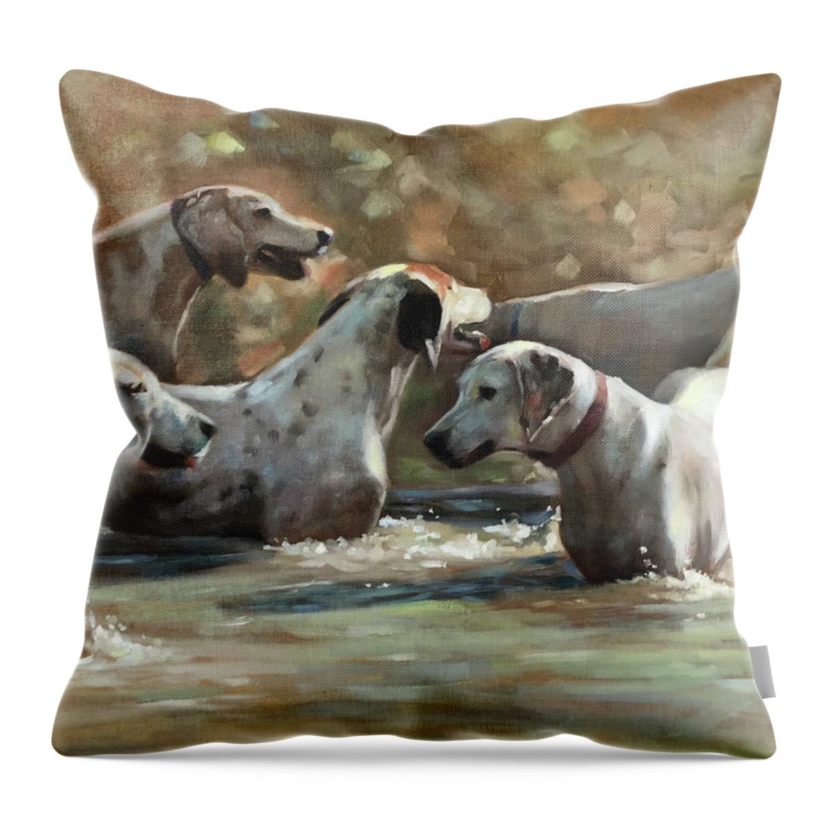 Hounds Dogs Dog Foxhunt Foxhounds Hunt Water Wading Playing Contemporary Art Painting Realism Throw Pillow featuring the painting Well Hello by Susan Bradbury