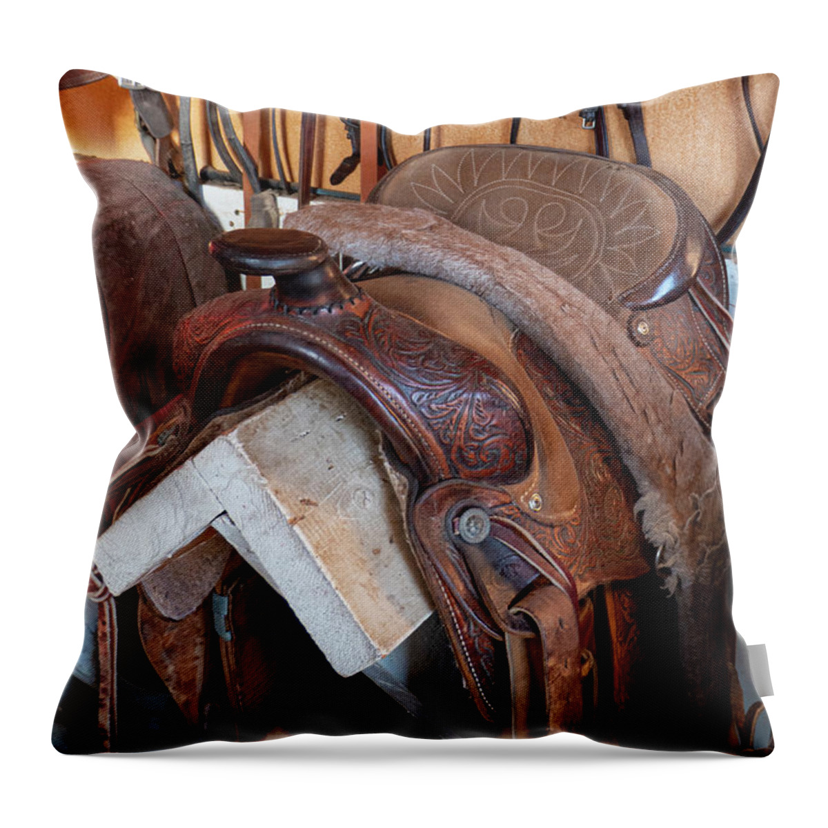 Western Throw Pillow featuring the photograph Western Saddle by Karen Rispin
