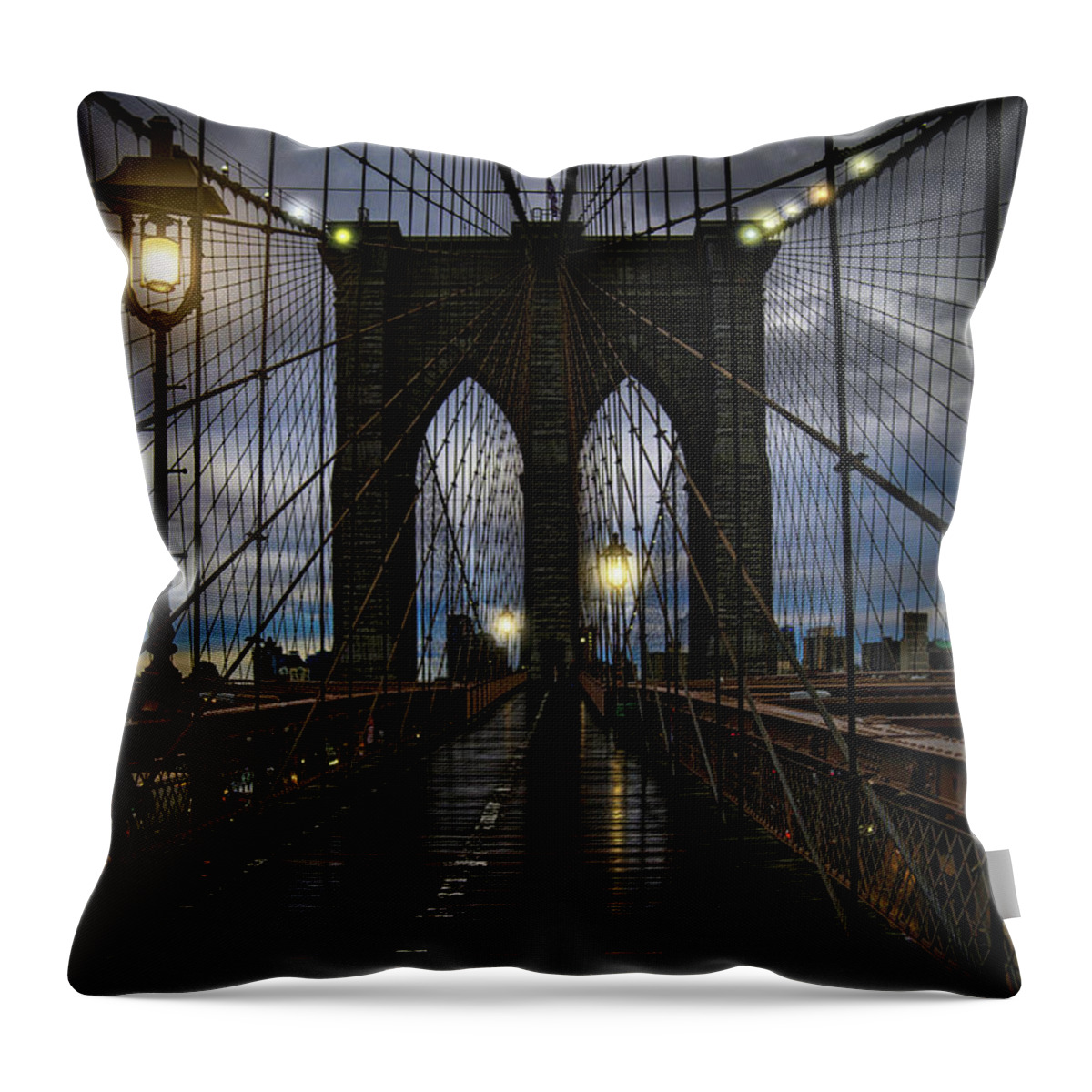 Streetlights Throw Pillow featuring the photograph Wet Day On The Brooklyn Bridge by Chris Lord