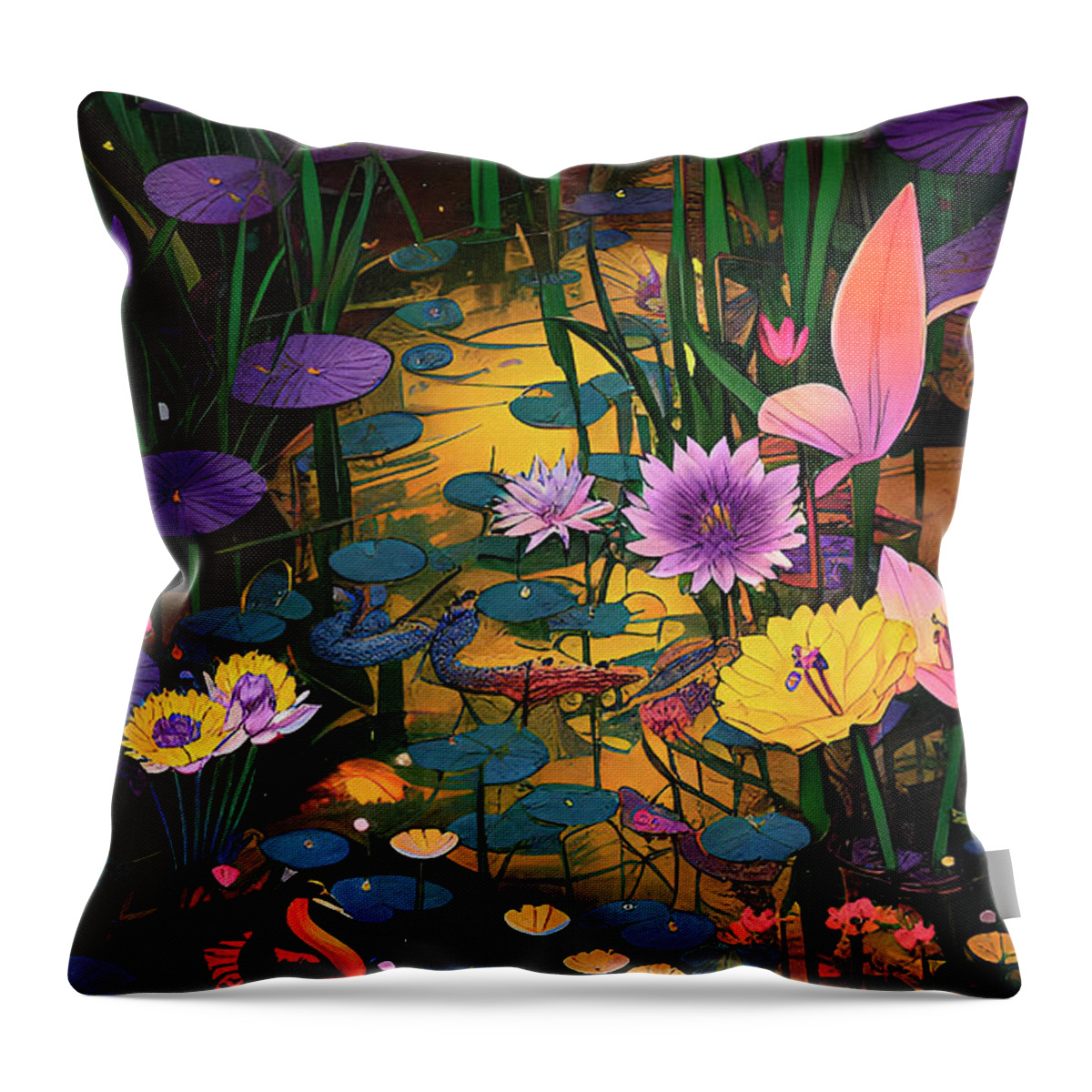 Sunsets Throw Pillow featuring the digital art Wetland Magic Sunset Reflections by Ginette Callaway