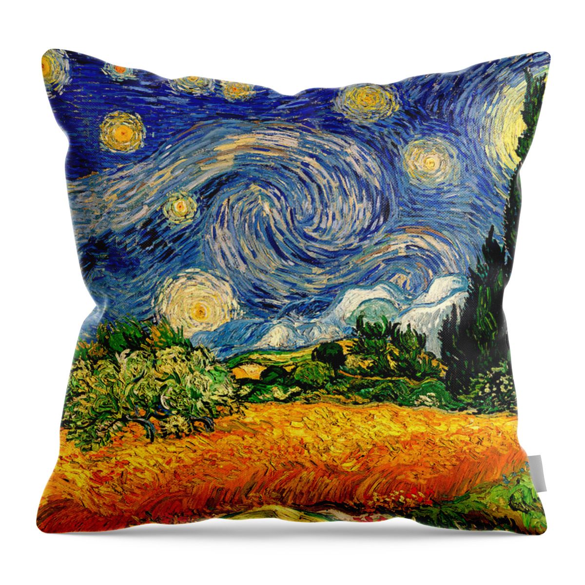 Wheat Field With Cypresses Throw Pillow featuring the digital art Wheat Field with Cypresses under a Starry Night - warm colors digital recreation by Nicko Prints