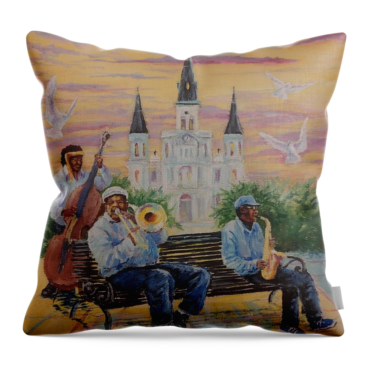 New Orleans Throw Pillow featuring the painting When the Saints Go Marching In--St Lewis Cathedral by ML McCormick