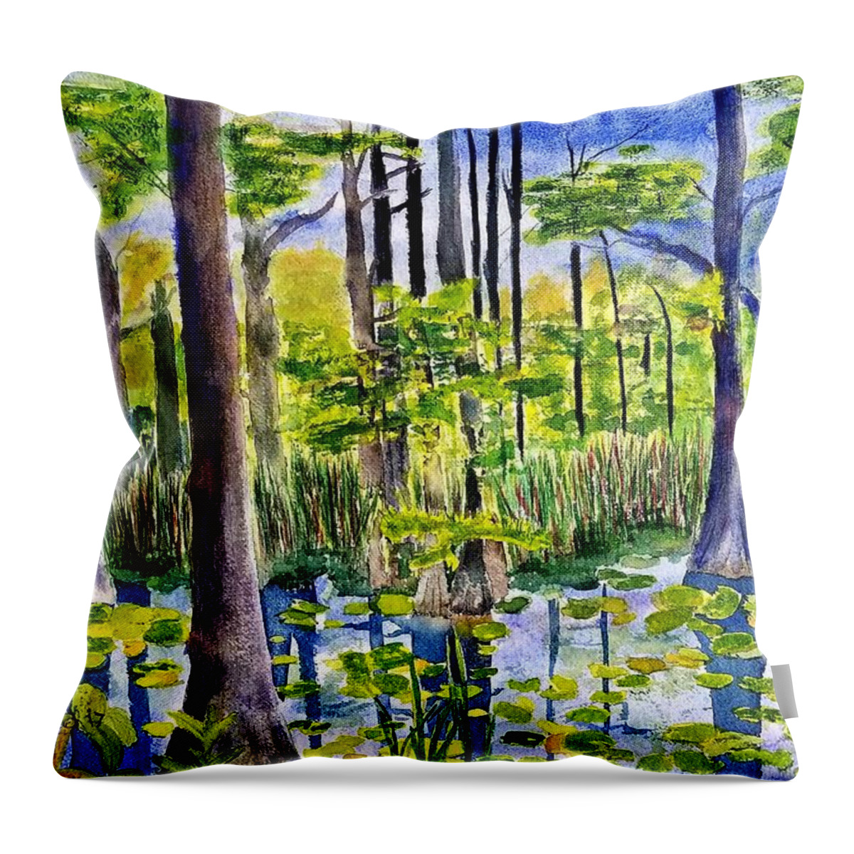 Cypress Dunes Throw Pillow featuring the painting Where the Bullfrogs live by Ann Frederick