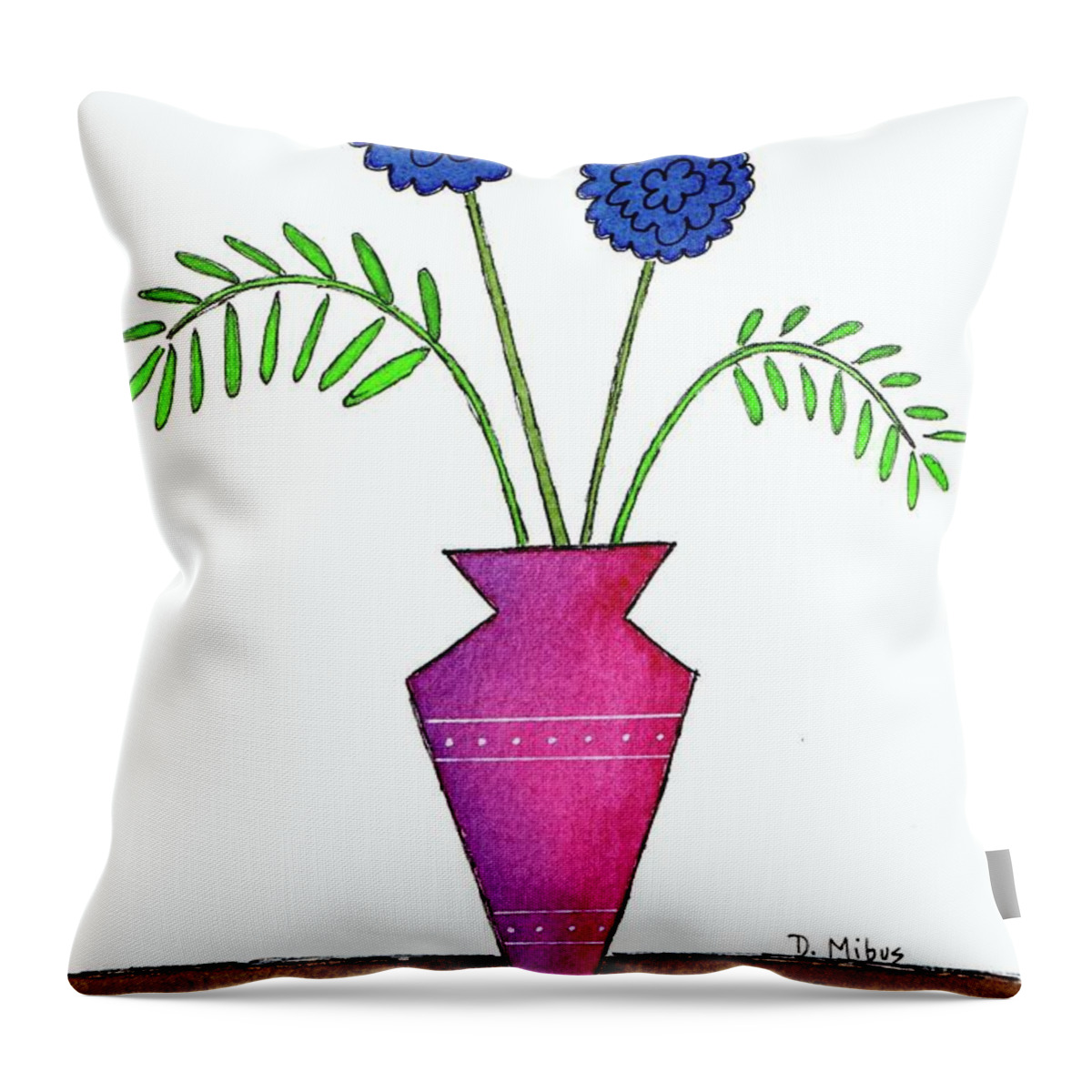 Mid Century Modern Flowers Throw Pillow featuring the painting Whimsical Blue Flowers in Pinkish Purple Vase by Donna Mibus