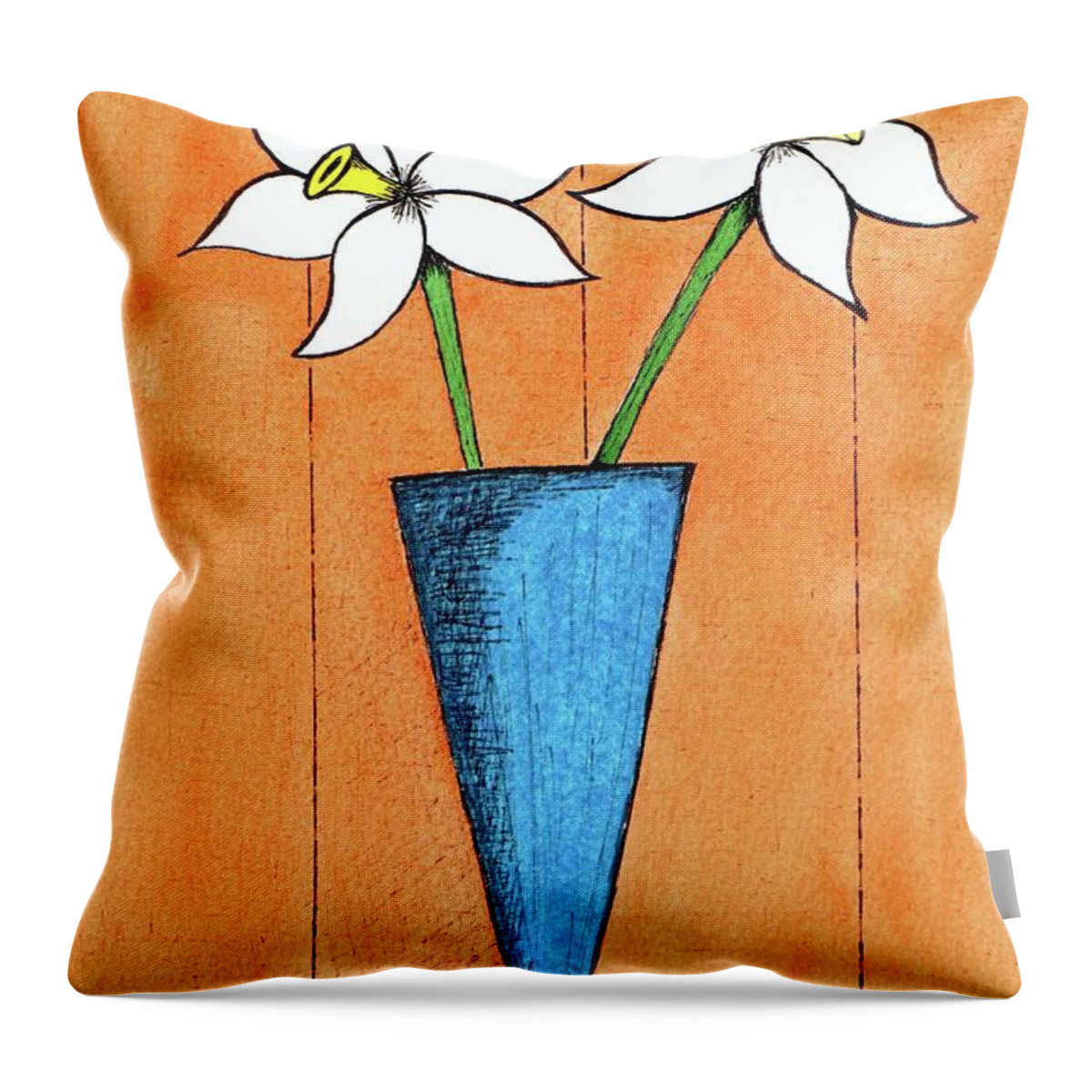 Mid Century Flowers Throw Pillow featuring the painting Whimsical White Flowers in Blue Vase by Donna Mibus