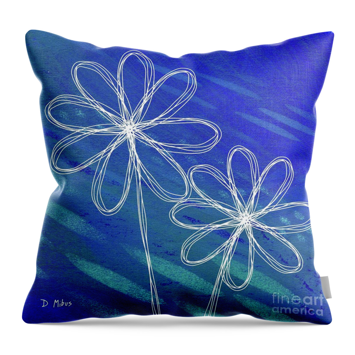 Retro Flowers Throw Pillow featuring the mixed media White Abstract Flowers on Blue and Green by Donna Mibus