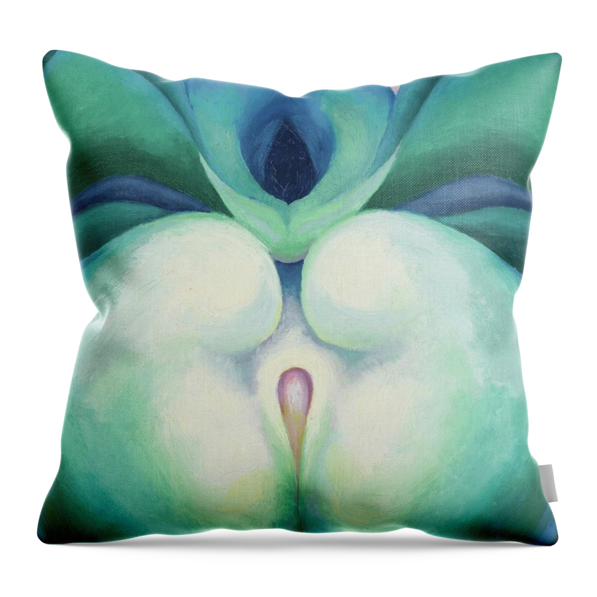 Georgia O'keeffe Throw Pillow featuring the painting White and blue blower shapes - abstract modernist painting by Georgia O'Keeffe