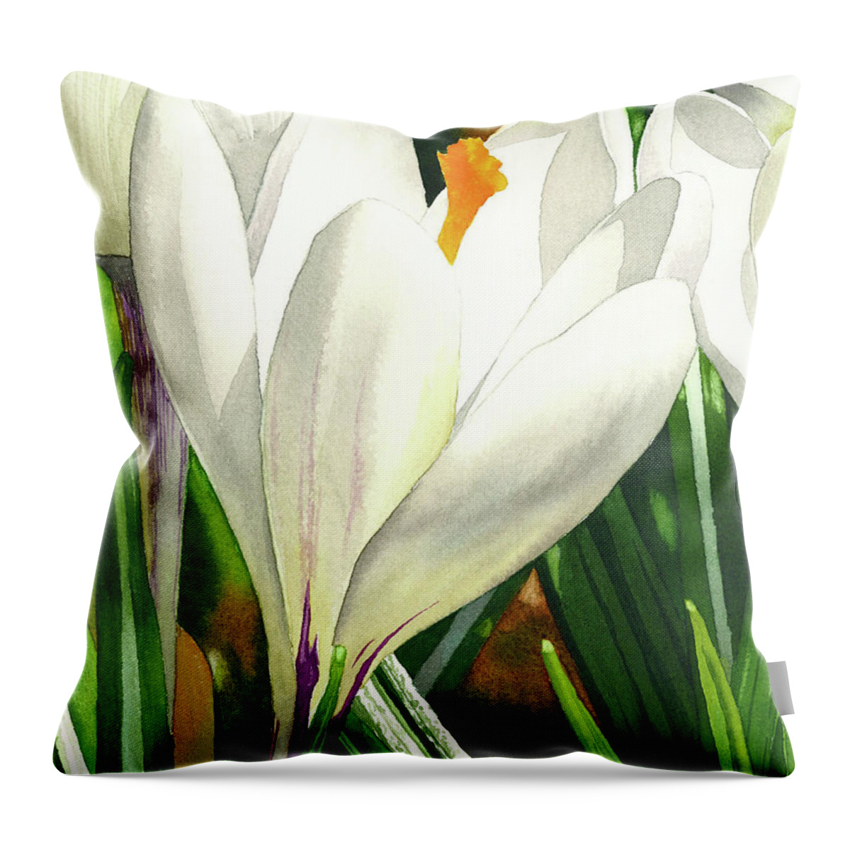 White Throw Pillow featuring the painting White Crocus by Espero Art