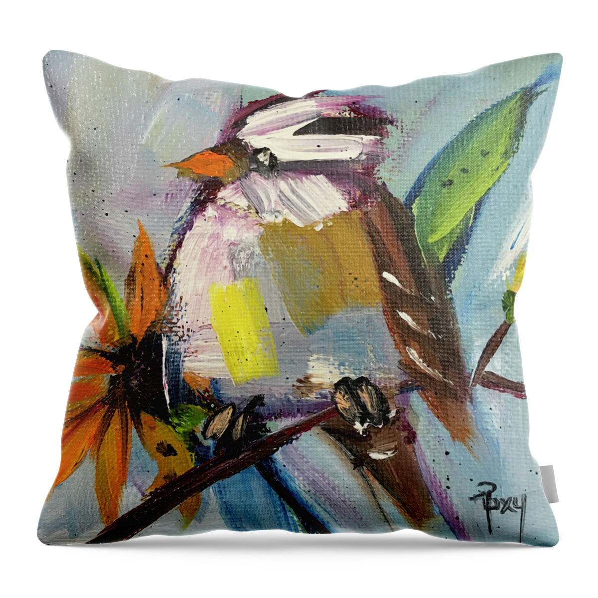 Sparrow Throw Pillow featuring the painting White Crowned Sparrow on a Sunflower by Roxy Rich