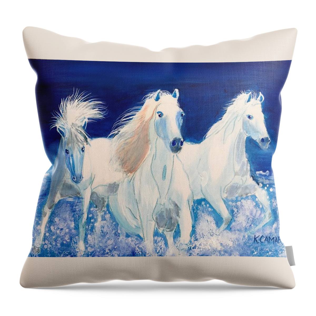 Pets Throw Pillow featuring the painting White Horses on Beach by Kathie Camara