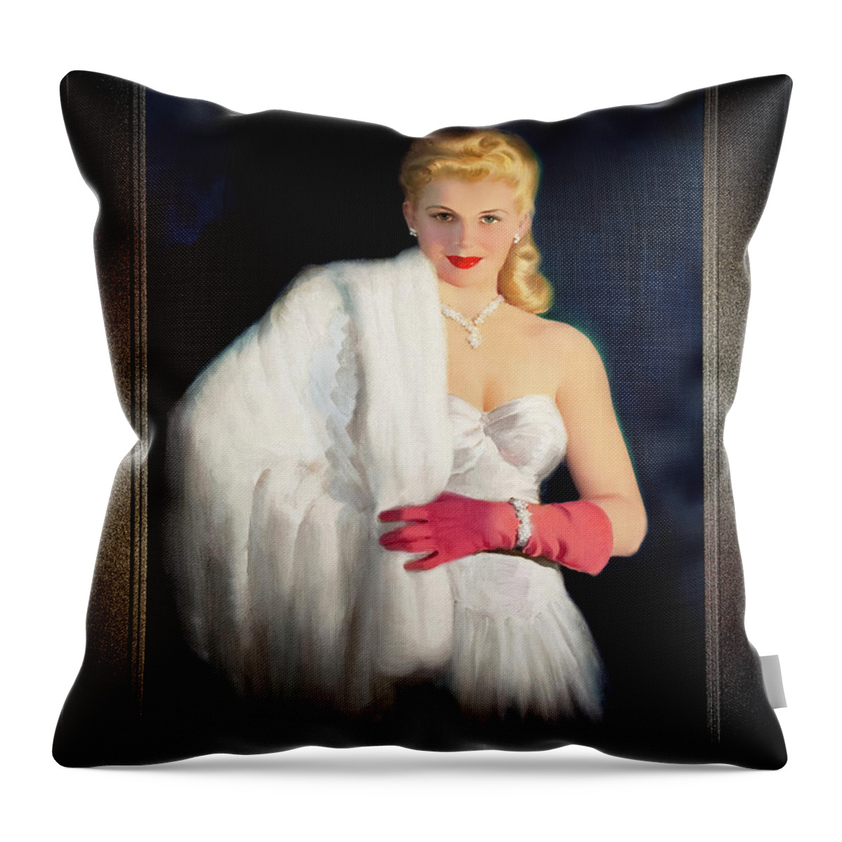 Blonde Throw Pillow featuring the painting White Mink and Diamonds by Art Frahm Sophisticated Pin-Up Girl Vintage Artwork by Rolando Burbon