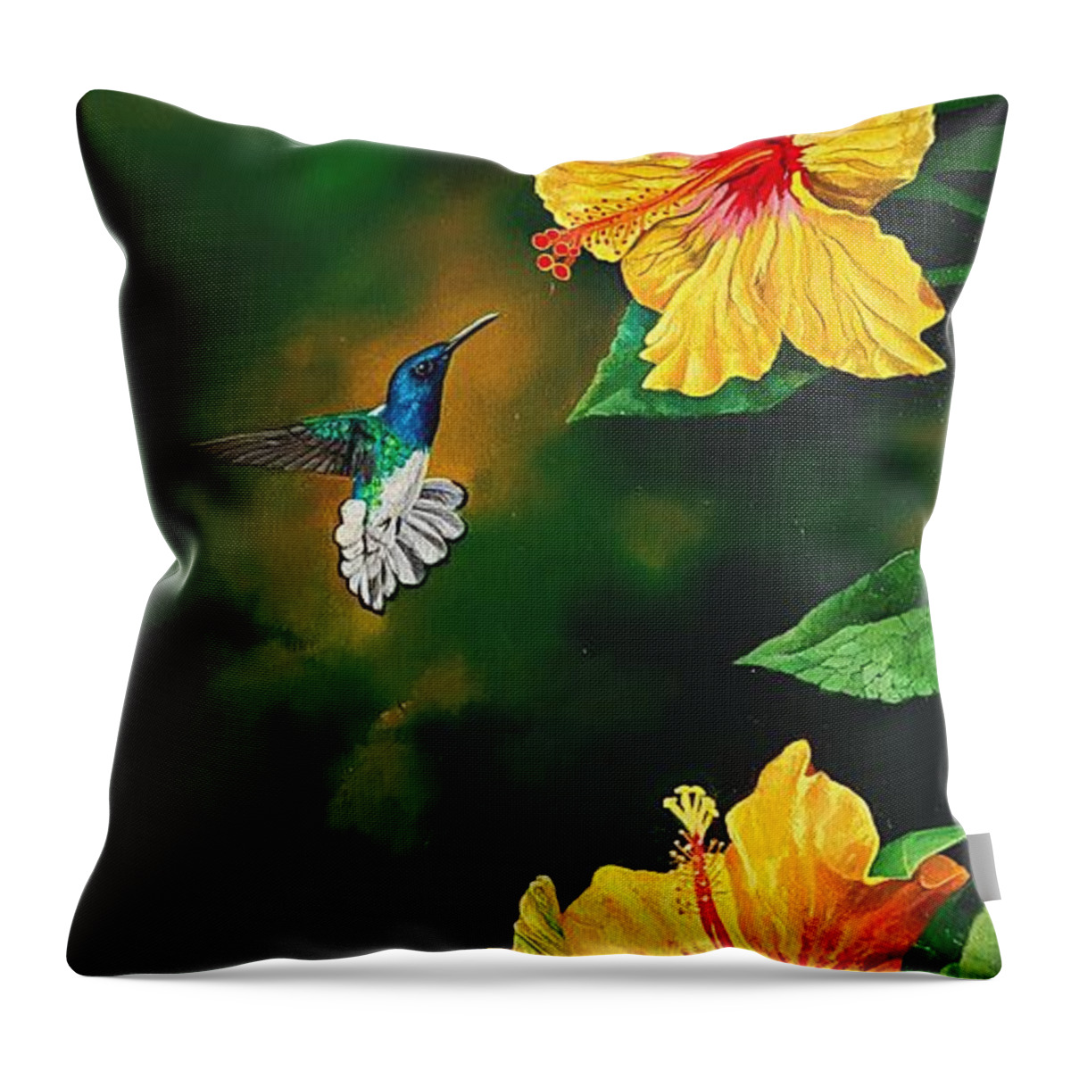 Birds Throw Pillow featuring the painting White Necked Jacobin and Yellow Hibiscus by Dana Newman