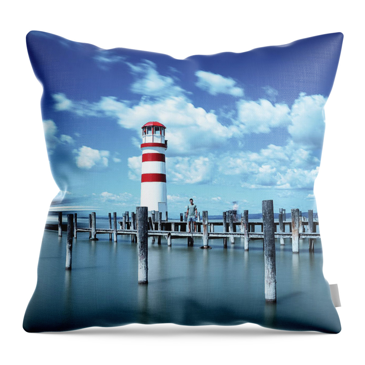 Destinations Throw Pillow featuring the photograph White-red lighthouse in Podersdorf am See by Vaclav Sonnek