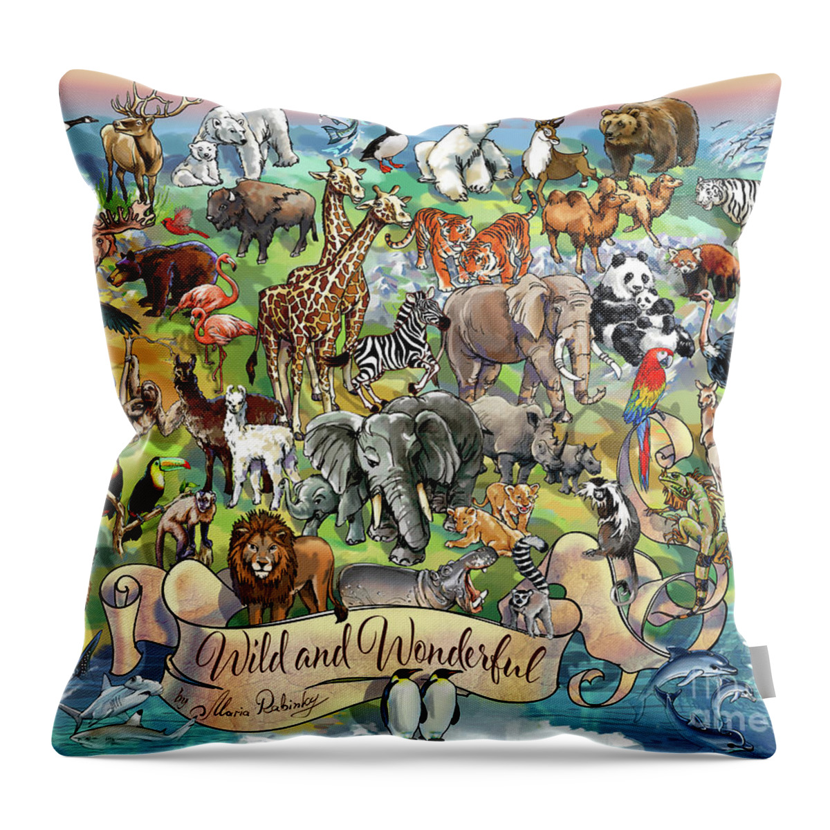Illustration Throw Pillow featuring the digital art Wild and Wonderful Animals of the World by Maria Rabinky