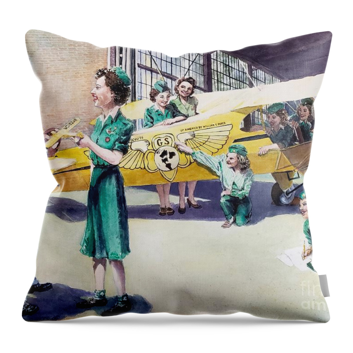 Aviation Throw Pillow featuring the painting William Piper and the Wing Scouts by Merana Cadorette