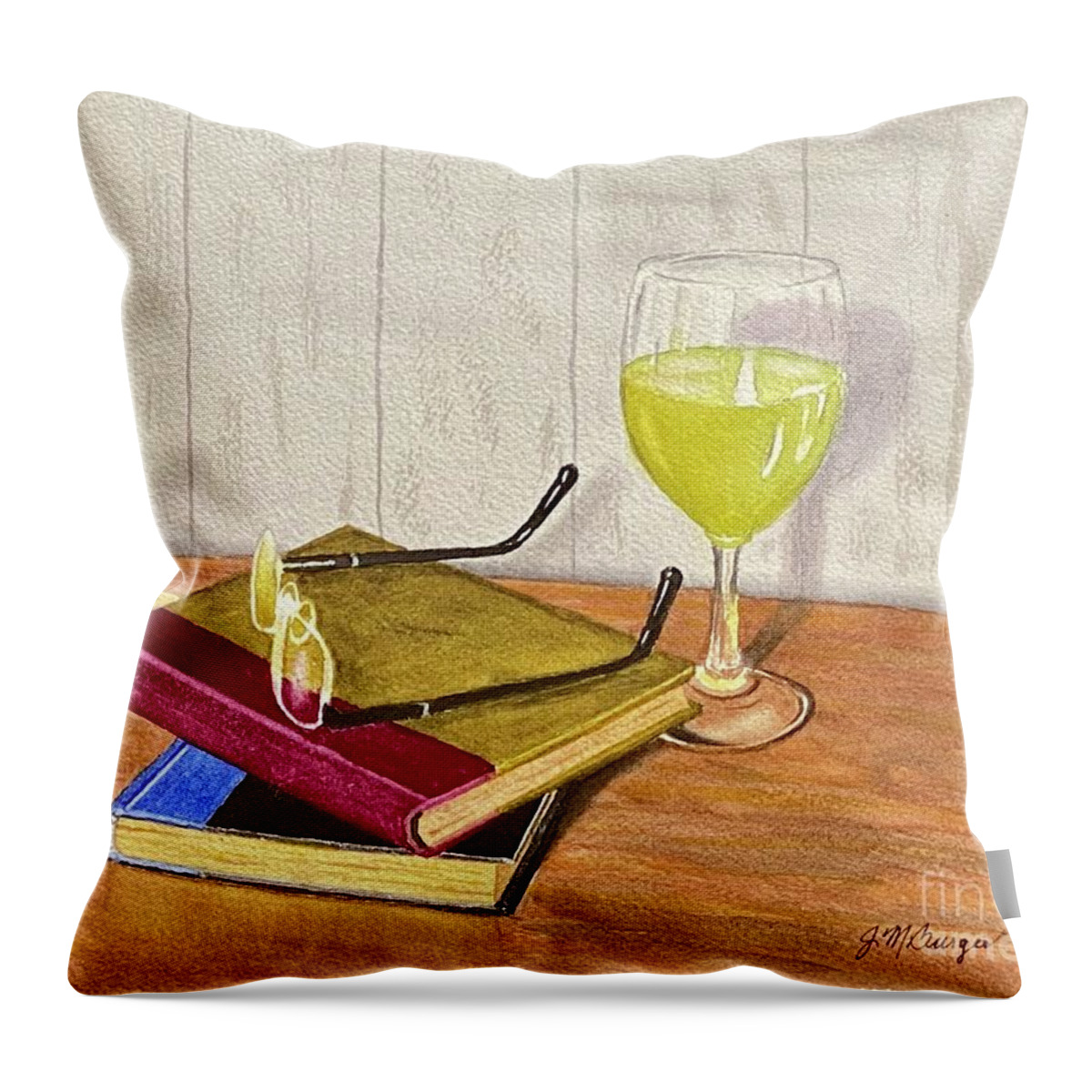White Wine Throw Pillow featuring the painting Wine and a Good Book by Joseph Burger