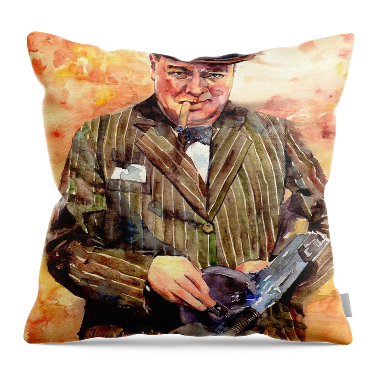 Winston Churchill Throw Pillow featuring the painting Winston Churchill With A Tommy Gun by Suzann Sines